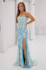 Long Strapless Mermaid Prom Dress in Sparkly Blue with Sequins and Corset