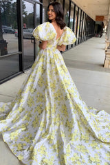 Long Prom Dress in Yellow Princess Satin with Floral Print Square Neck and Puff Sleeves