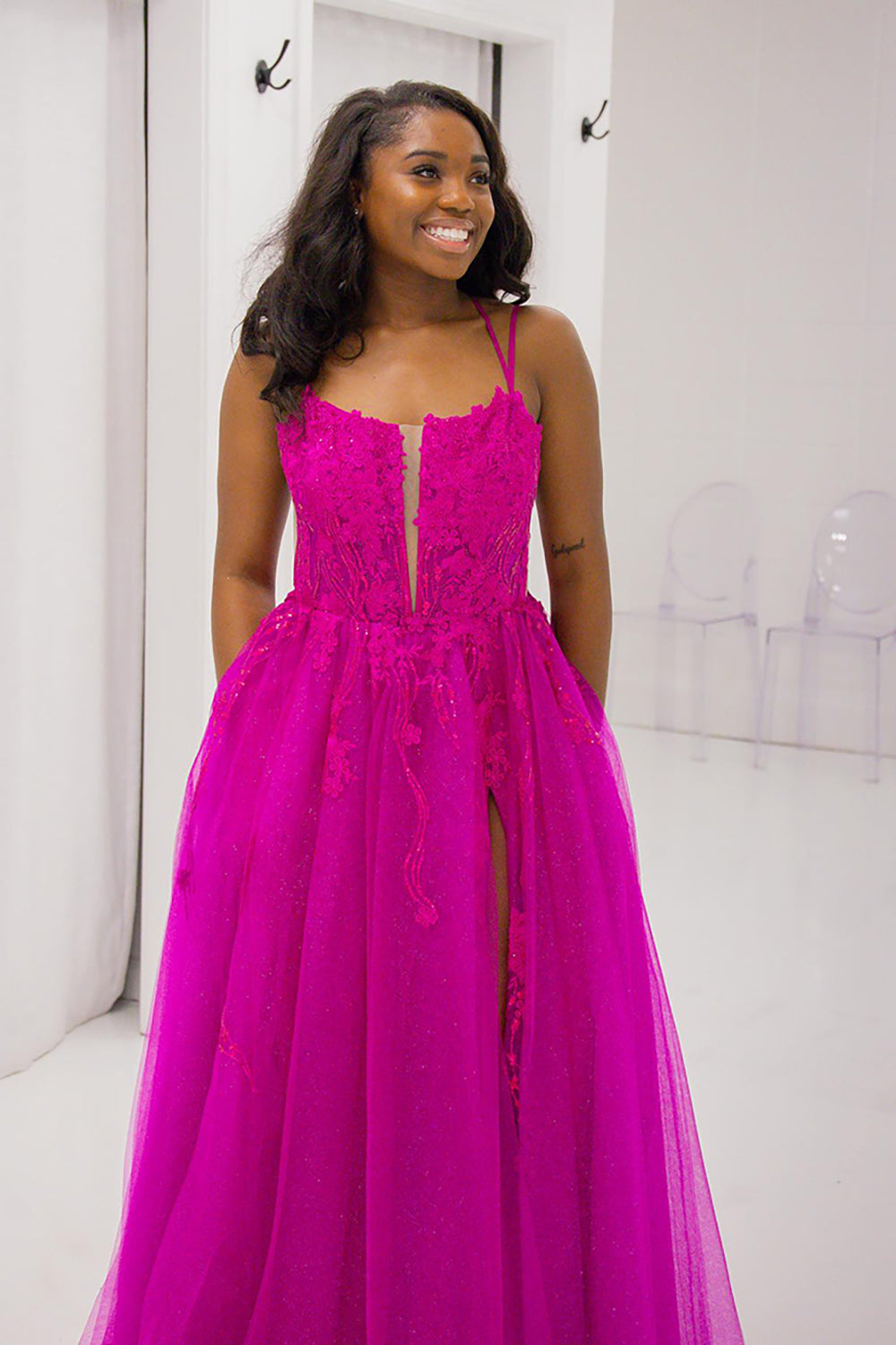 Long Corset Prom Dress in Fuchsia with Tulle Princess Spaghetti Straps and Appliques