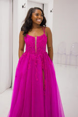 Long Corset Prom Dress in Fuchsia with Tulle Princess Spaghetti Straps and Appliques