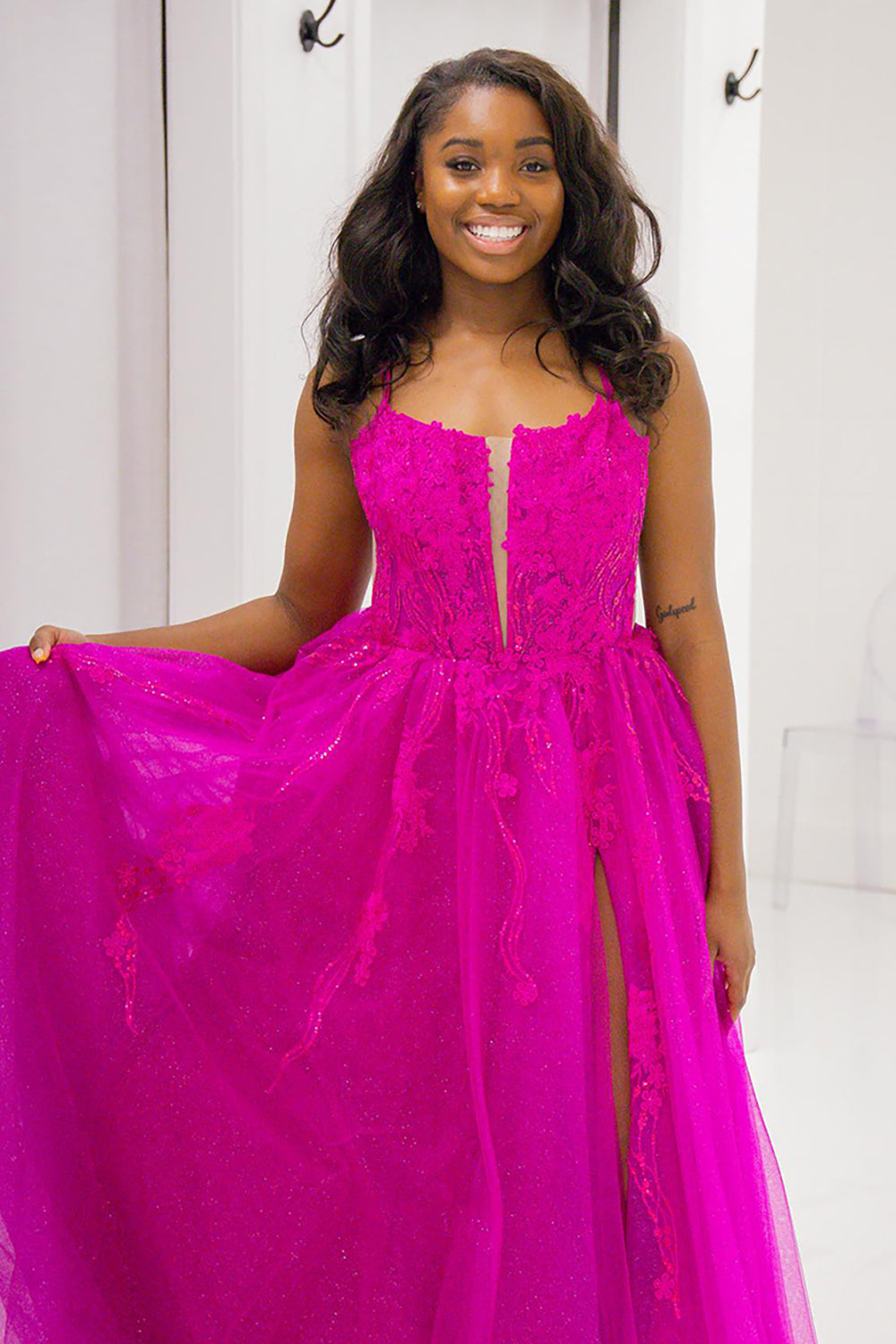 Long Corset Prom Dress in Fuchsia with Tulle Princess Spaghetti Straps and Appliques
