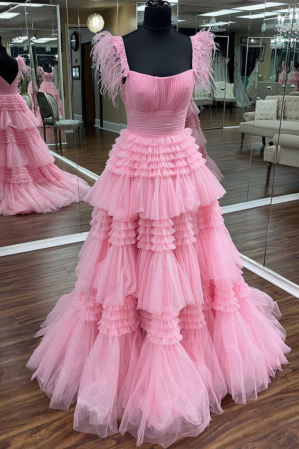 Princess Long Prom Dress with Pink Spaghetti Straps and Tiered Tulle Featuring Feather
