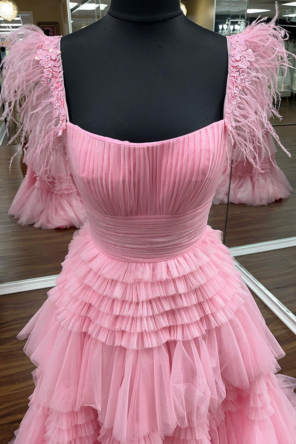 Princess Long Prom Dress with Pink Spaghetti Straps and Tiered Tulle Featuring Feather