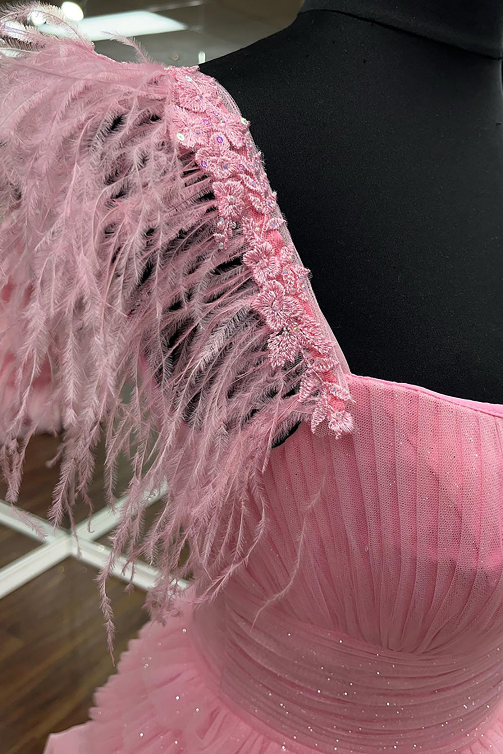 Princess Long Prom Dress with Pink Spaghetti Straps and Tiered Tulle Featuring Feather