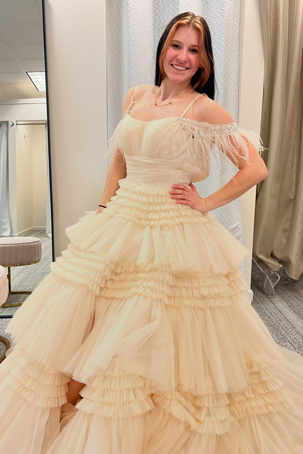 Princess Long Prom Dress with Pink Spaghetti Straps and Tiered Tulle Featuring Feather