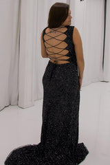 Long Black Mermaid Prom Dress with Sparkly V-neck and Criss-cross Sequins Back
