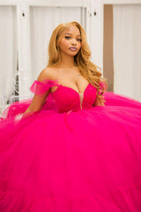 Elegant Fuchsia Off-the-Shoulder Tulle Gown for Prom