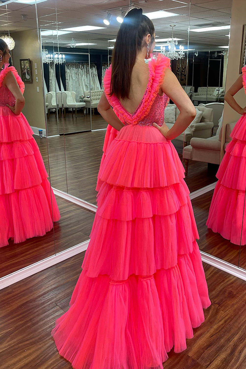 Princess Tulle Long Prom Dress in Coral with Deep V-Neck Tiered Layers and Beading