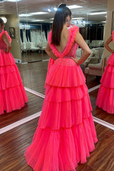 Princess Tulle Long Prom Dress in Coral with Deep V-Neck Tiered Layers and Beading