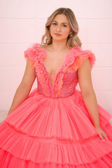 Princess Tulle Long Prom Dress in Coral with Deep V-Neck Tiered Layers and Beading