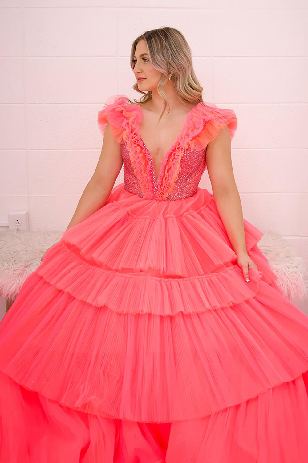 Princess Tulle Long Prom Dress in Coral with Deep V-Neck Tiered Layers and Beading