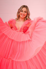 Princess Tulle Long Prom Dress in Coral with Deep V-Neck Tiered Layers and Beading
