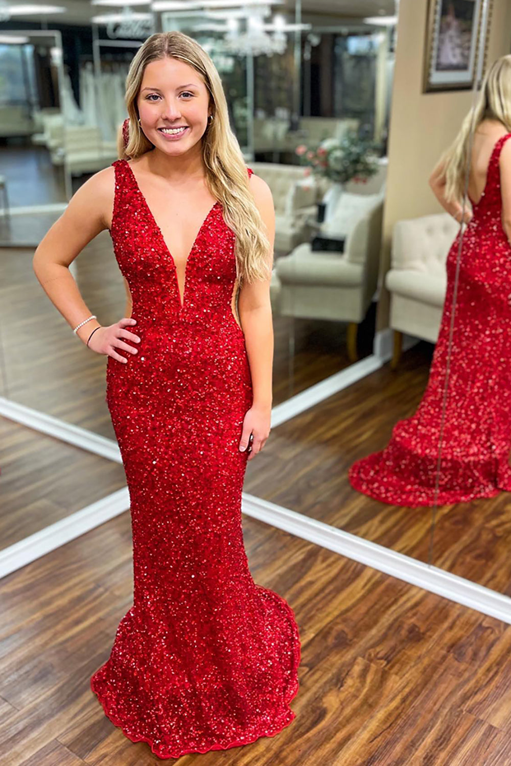 Red Sparkly Mermaid Prom Dress with Deep V-neck and Sequins Cut-out