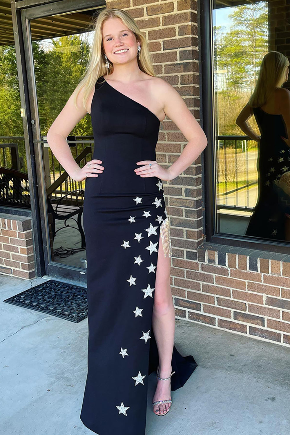 Long Black Beaded Mermaid Prom Dress with One Shoulder and Fringe