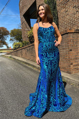 Long Royal Blue Mermaid Prom Dress with Sparkly Sequins and Spaghetti Straps