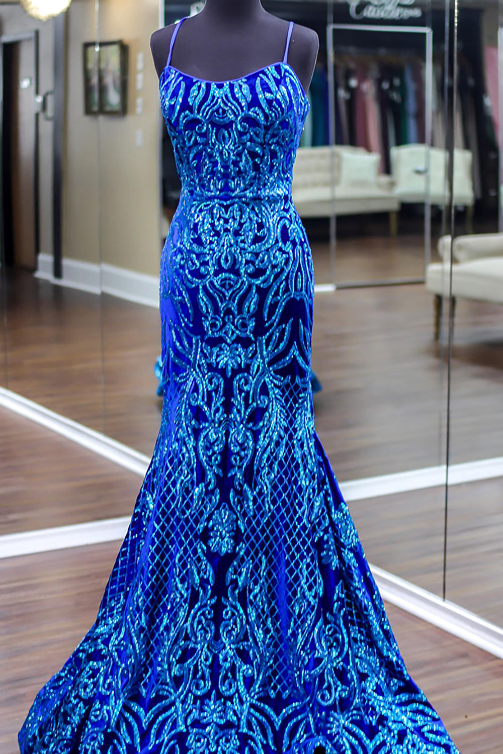 Long Royal Blue Mermaid Prom Dress with Sparkly Sequins and Spaghetti Straps