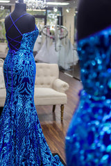 Long Royal Blue Mermaid Prom Dress with Sparkly Sequins and Spaghetti Straps