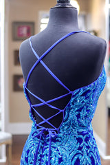 Long Royal Blue Mermaid Prom Dress with Sparkly Sequins and Spaghetti Straps