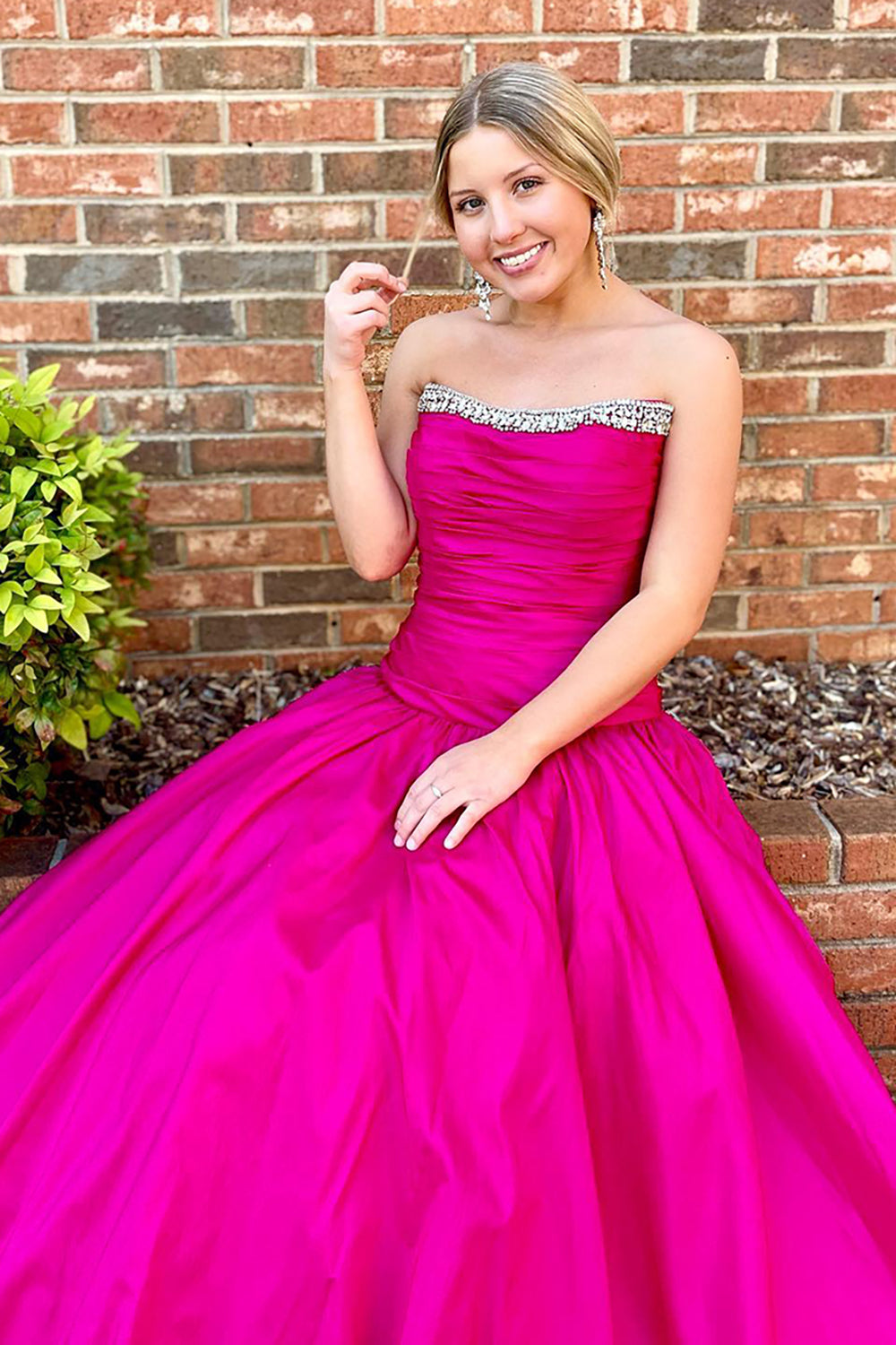 Long Fuchsia Satin Princess Prom Dress with Ruched Strapless Design and Beading