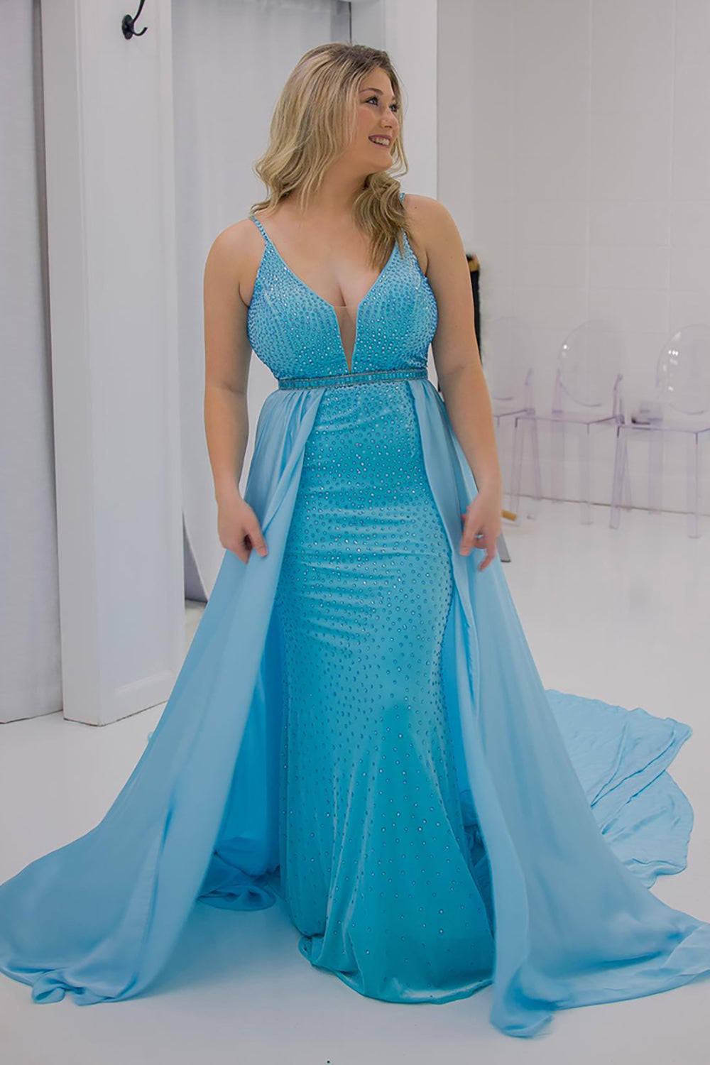 Sky Blue Glitter Mermaid Prom Dress with Beaded Straps and Waist Cape