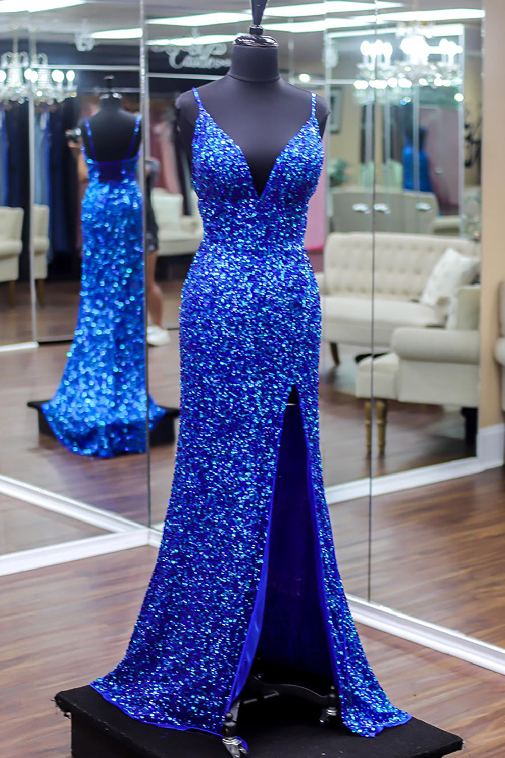 Royal Blue Sparkle Sequins Mermaid Prom Dress with Slit and Spaghetti Straps