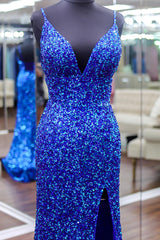 Royal Blue Sparkle Sequins Mermaid Prom Dress with Slit and Spaghetti Straps