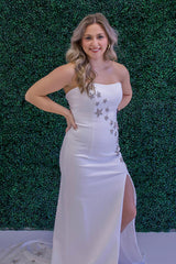 Long White Strapless Prom Dress with Mermaid Cut Satin Stars Appliques and Slit