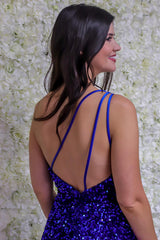 Royal Blue Sparkly One-Shoulder Long A-Line Sequined Prom Dress with Slit