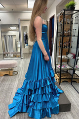 Elegant Royal Blue Satin Prom Dress with Spaghetti Straps and Tiered A-Line Skirt