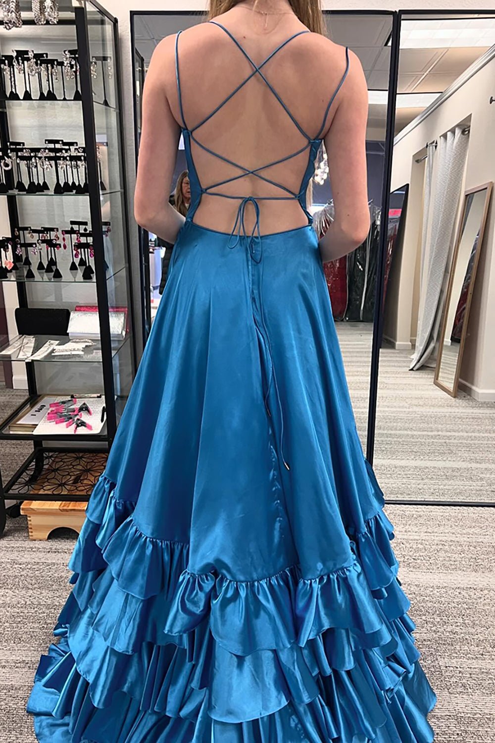 Elegant Royal Blue Satin Prom Dress with Spaghetti Straps and Tiered A-Line Skirt