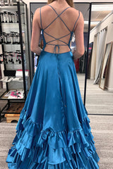 Elegant Royal Blue Satin Prom Dress with Spaghetti Straps and Tiered A-Line Skirt