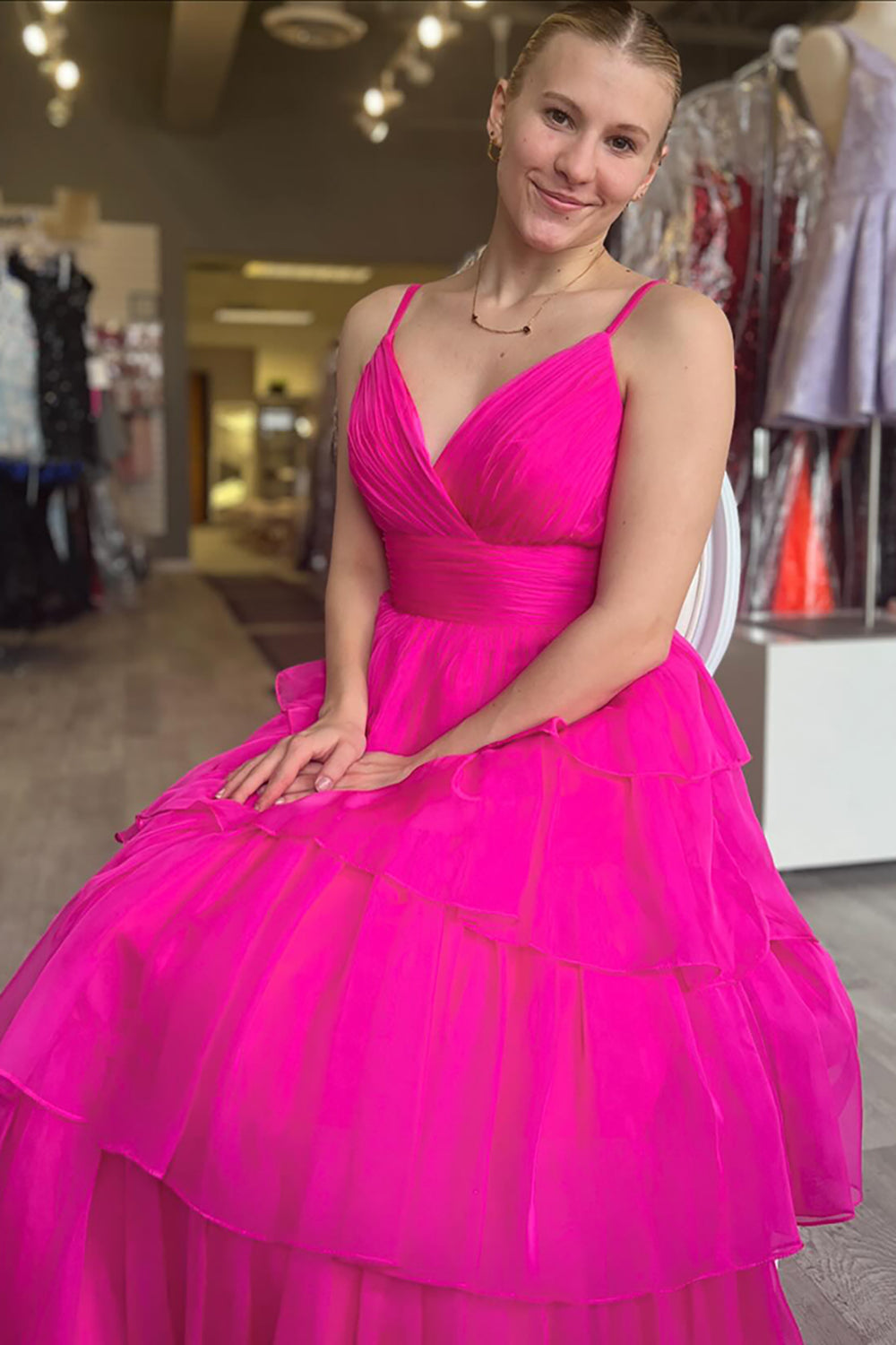 Long Prom Dress with Fuchsia Princess Organza Tiered Spaghetti Straps