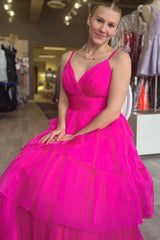 Long Prom Dress with Fuchsia Princess Organza Tiered Spaghetti Straps