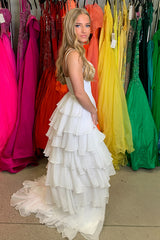 Long White Princess Chiffon Prom Dress with Tiered Skirt and Spaghetti Straps