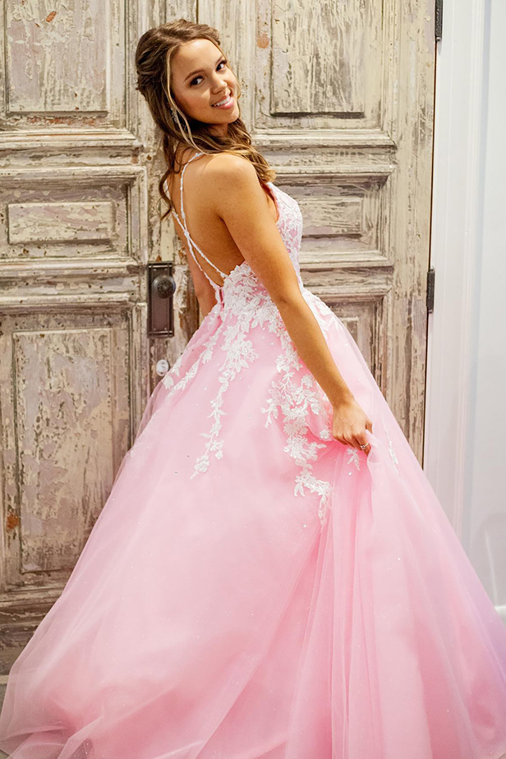 Princess Long Prom Dress in Pink with Tulle and Spaghetti Straps Featuring Appliques