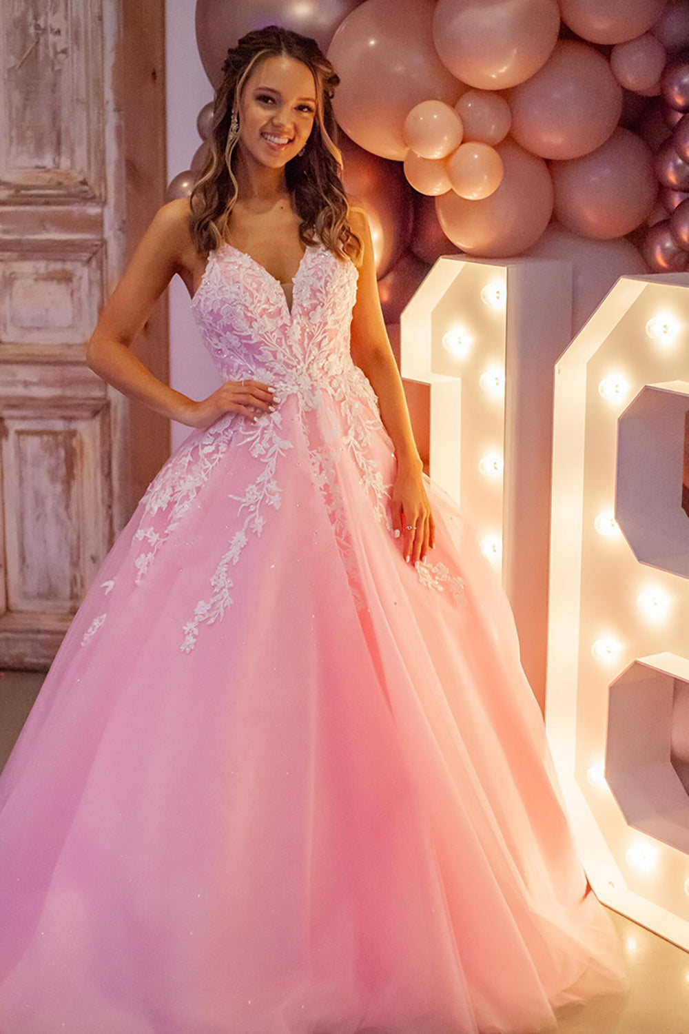 Princess Long Prom Dress in Pink with Tulle and Spaghetti Straps Featuring Appliques