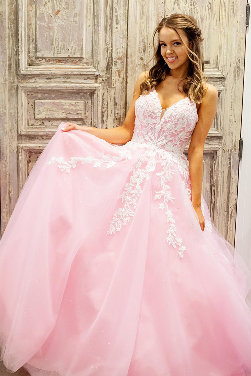 Princess Long Prom Dress in Pink with Tulle and Spaghetti Straps Featuring Appliques