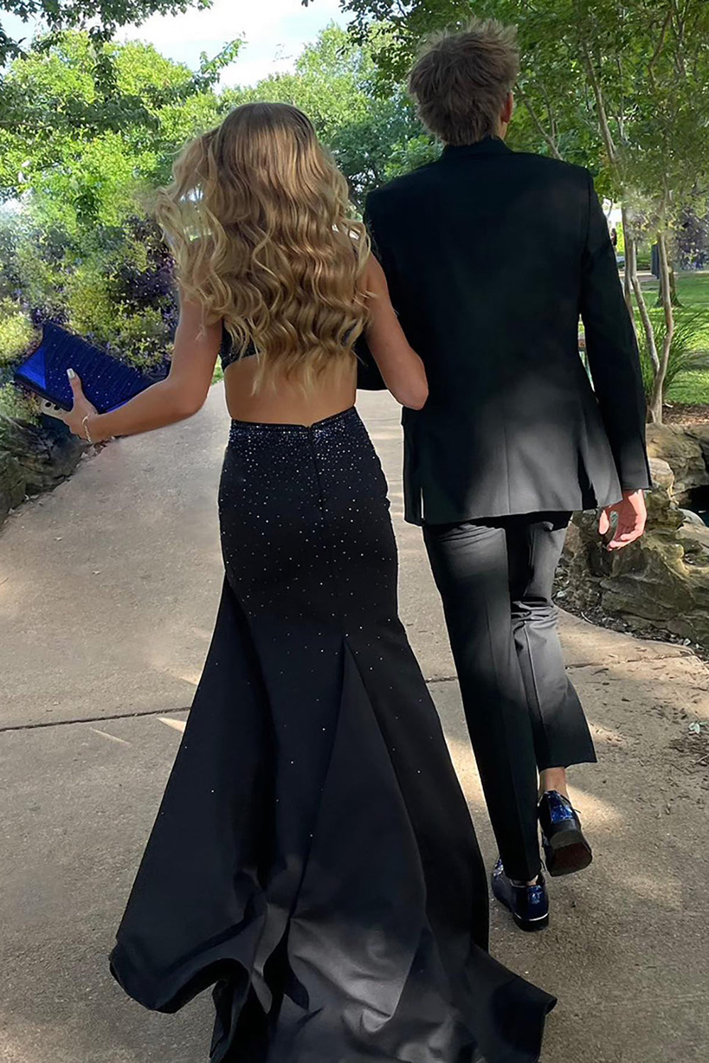 Black Beaded Glitter Mermaid Prom Dress with Long Slit and Spaghetti Straps