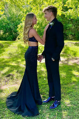 Black Beaded Glitter Mermaid Prom Dress with Long Slit and Spaghetti Straps