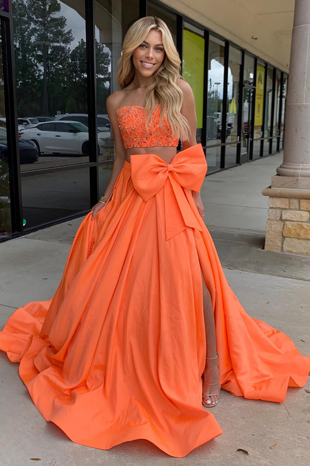 Sweetheart Princess Long Prom Dress in Yellow with Satin Applique and Bow 2-Piece
