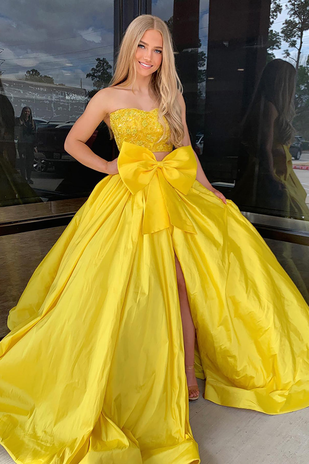 Sweetheart Princess Long Prom Dress in Yellow with Satin Applique and Bow 2-Piece