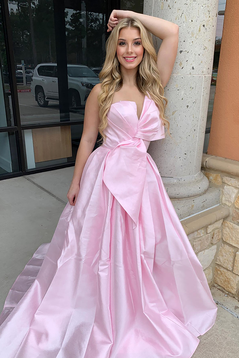 Long Strapless Pink Satin Prom Dress with Ruched Detail and Slit