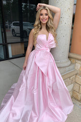 Long Strapless Pink Satin Prom Dress with Ruched Detail and Slit