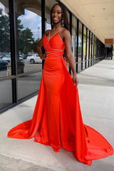 Long Satin Mermaid Prom Dress with Orange Spaghetti Straps and Beading