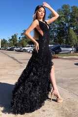 Black Sparkle V-Neck Sequin Long Prom Dress with A-Line Tulle Tiered Skirt and Slit