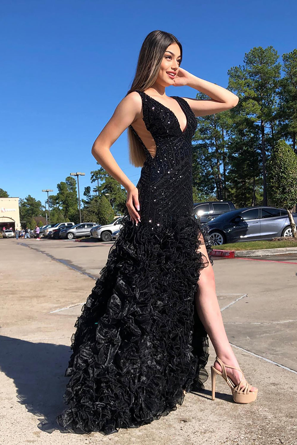 Black Sparkle V-Neck Sequin Long Prom Dress with A-Line Tulle Tiered Skirt and Slit