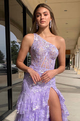 Long Lilac Corset Prom Dress with One Shoulder Sequin Appliques and Tiered Tulle Mermaid Skirt