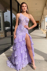 Long Lilac Corset Prom Dress with One Shoulder Sequin Appliques and Tiered Tulle Mermaid Skirt