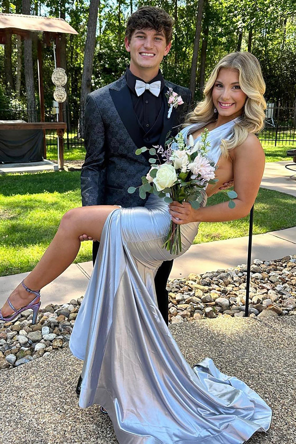 Metallic Grey Mermaid Prom Dress with Halter Neck and Slit