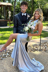 Metallic Grey Mermaid Prom Dress with Halter Neck and Slit